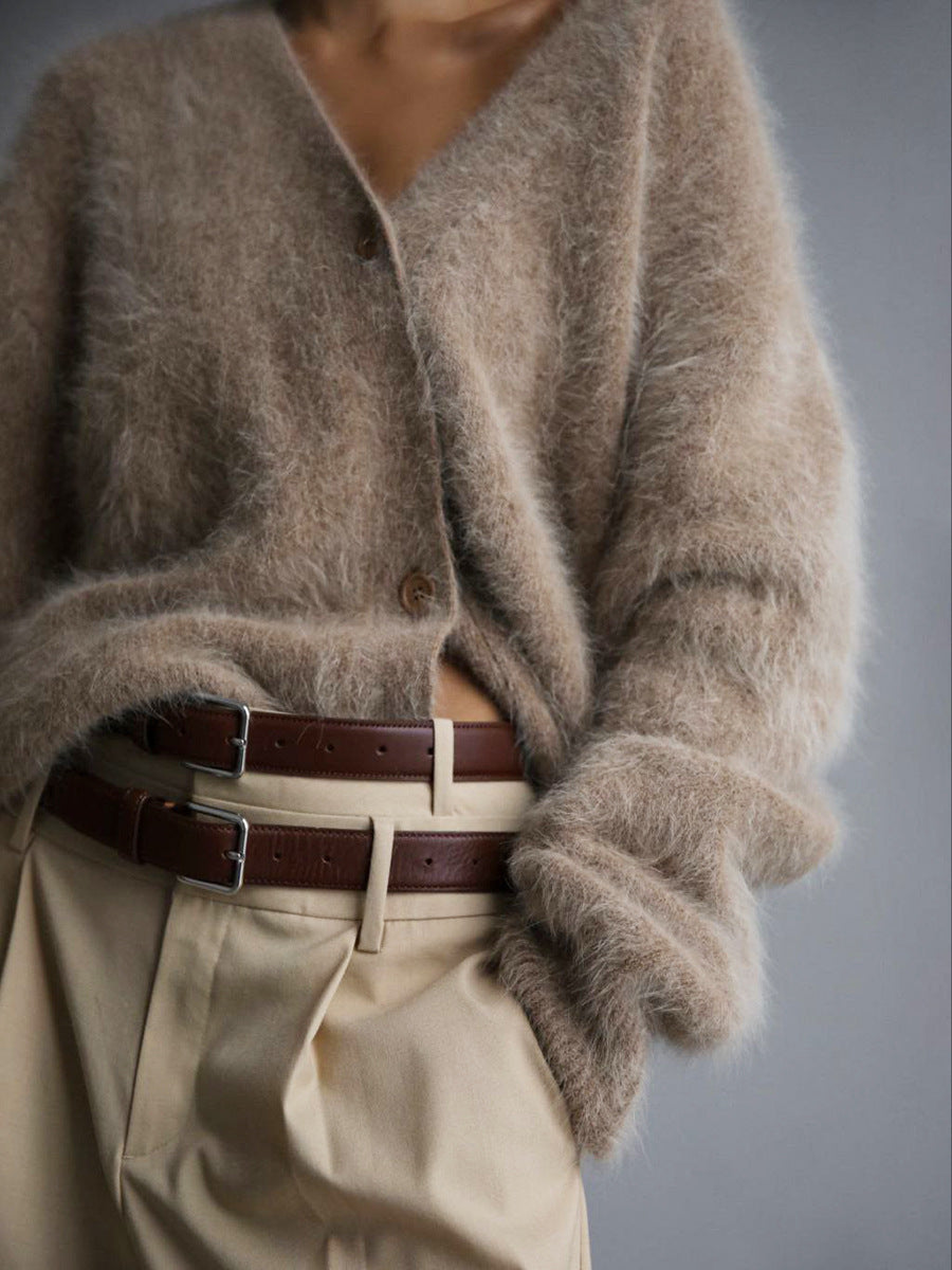 Brushed Mohair Look V Neck Cardigan - Sepia - 2