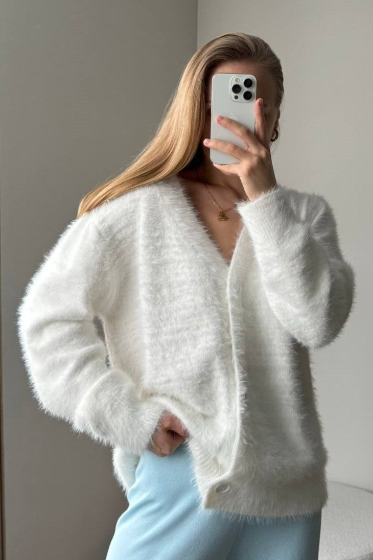 Brushed Mohair Look V Neck Cardigan - white