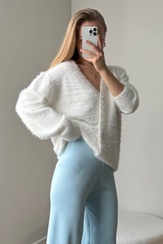 Brushed Mohair Look V Neck Cardigan - white - 1