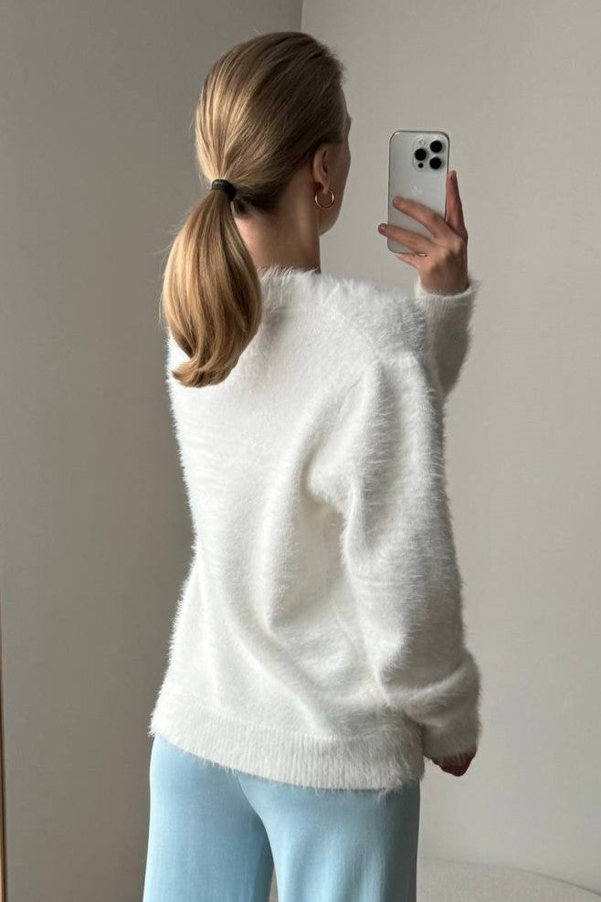 Brushed Mohair Look V Neck Cardigan - white - 2