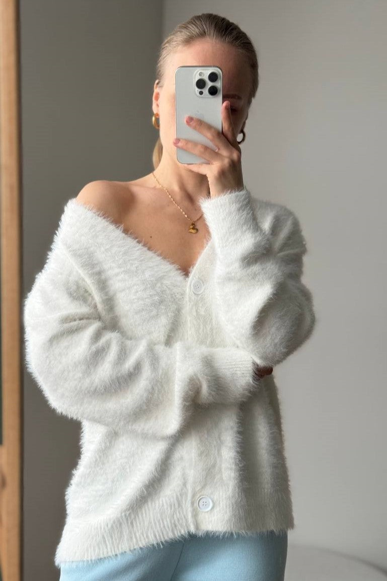 Brushed Mohair Look V Neck Cardigan - white - 3