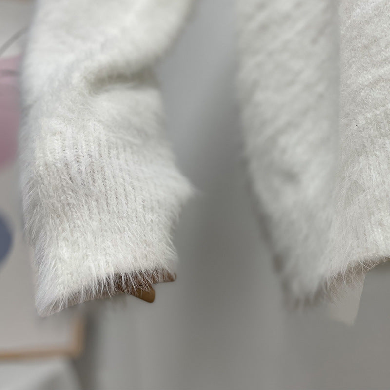Brushed Mohair Look V Neck Cardigan - white - 4