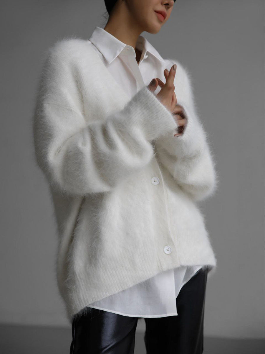 Brushed Mohair Look V Neck Cardigan - white - 6