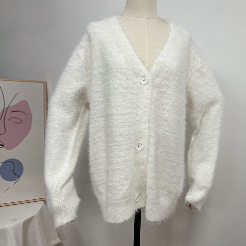 Brushed Mohair Look V Neck Cardigan - white - 7