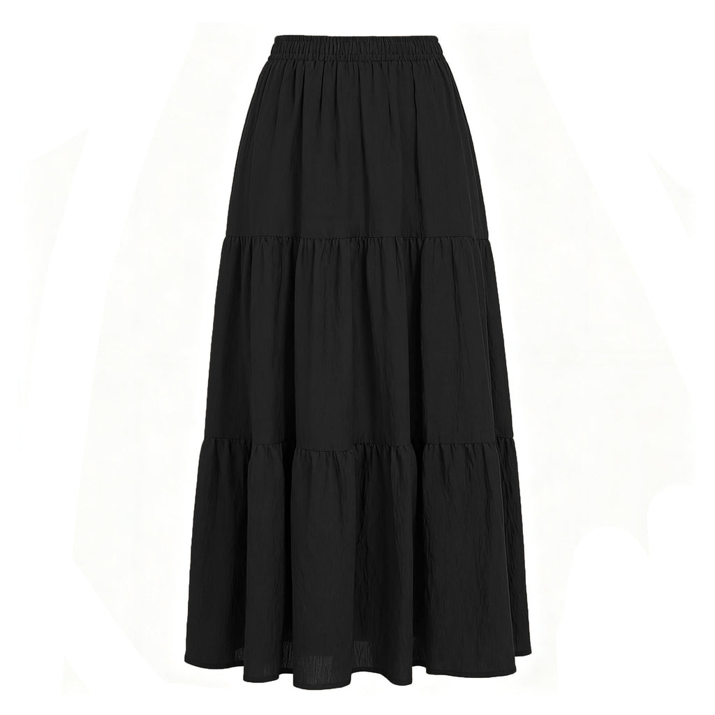 Tiered Cotton Linen Maxi Skirt With Pockets - Black