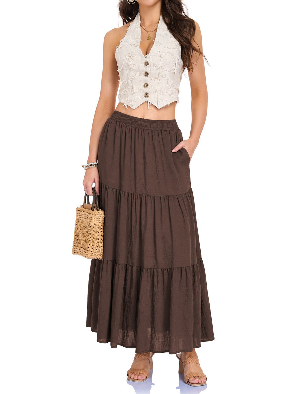 Tiered Cotton Linen Maxi Skirt With Pockets - Brown