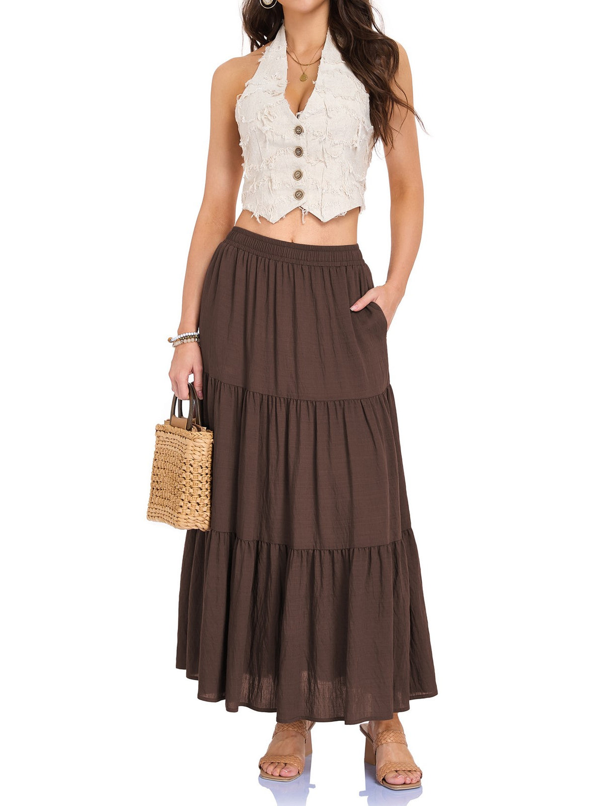 Tiered Cotton Linen Maxi Skirt With Pockets - Brown