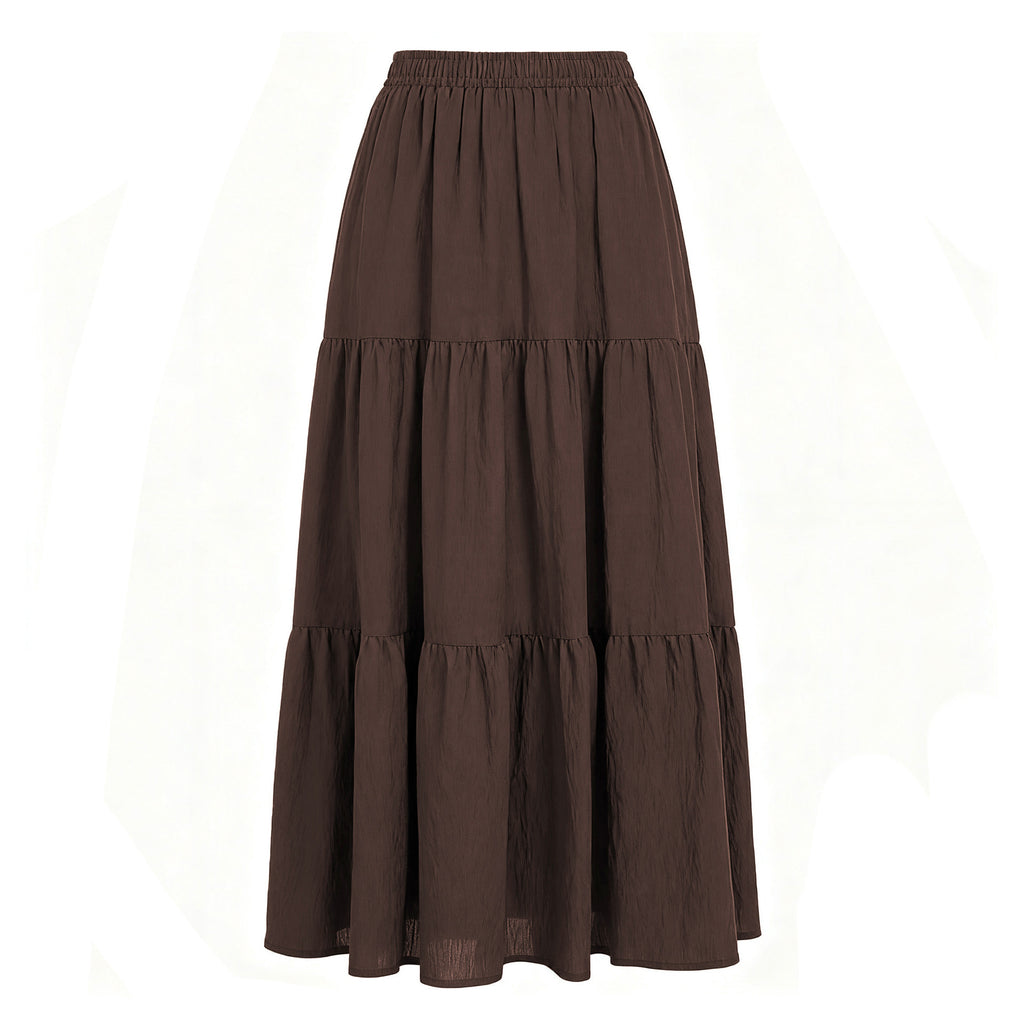 Tiered Cotton Linen Maxi Skirt With Pockets - Brown - 1