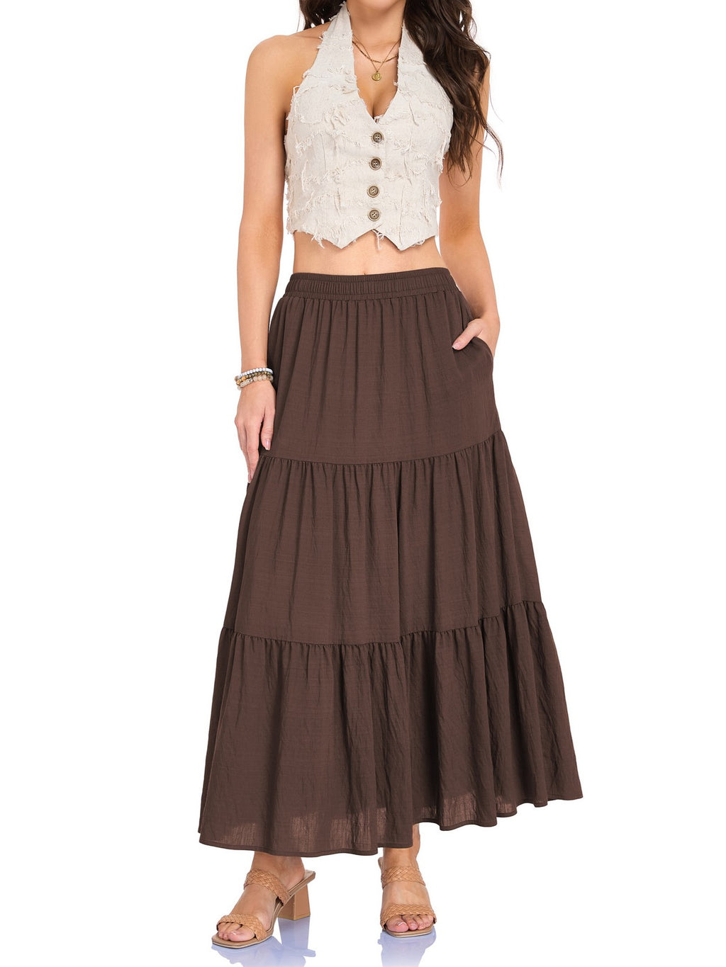 Tiered Cotton Linen Maxi Skirt With Pockets - Brown - 2
