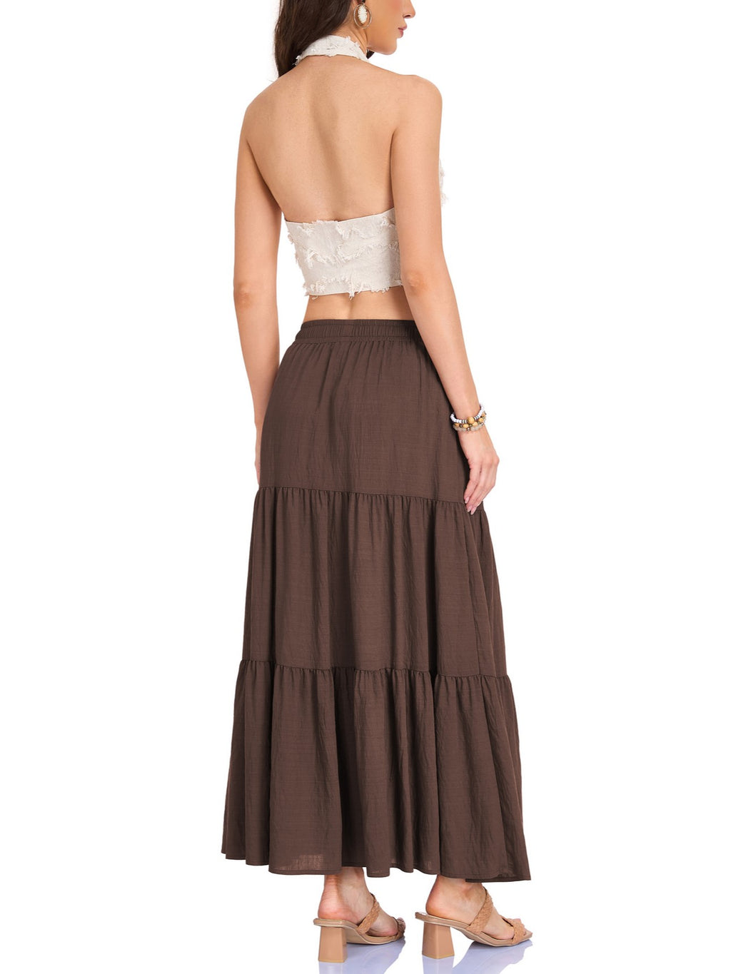 Tiered Cotton Linen Maxi Skirt With Pockets - Brown - 3