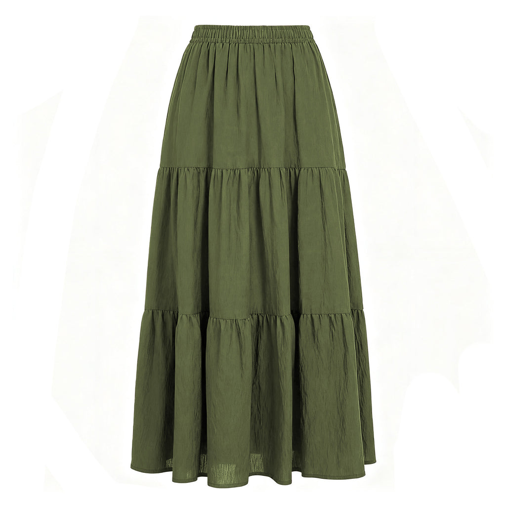 Tiered Cotton Linen Maxi Skirt With Pockets - Green