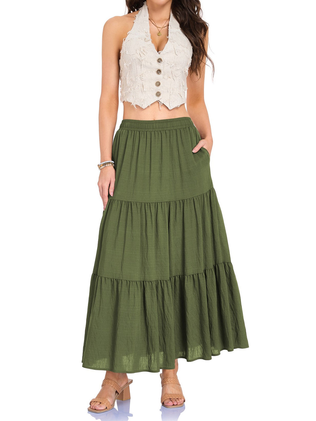 Tiered Cotton Linen Maxi Skirt With Pockets - Green - 1