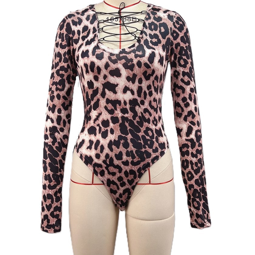 Leopard Lace Up Long Sleeve Bodysuit - Brown
