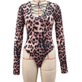 Leopard Lace Up Long Sleeve Bodysuit - Brown