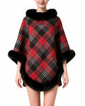 Plaid Poncho Cape With Fur Trim Collar - Black-Red