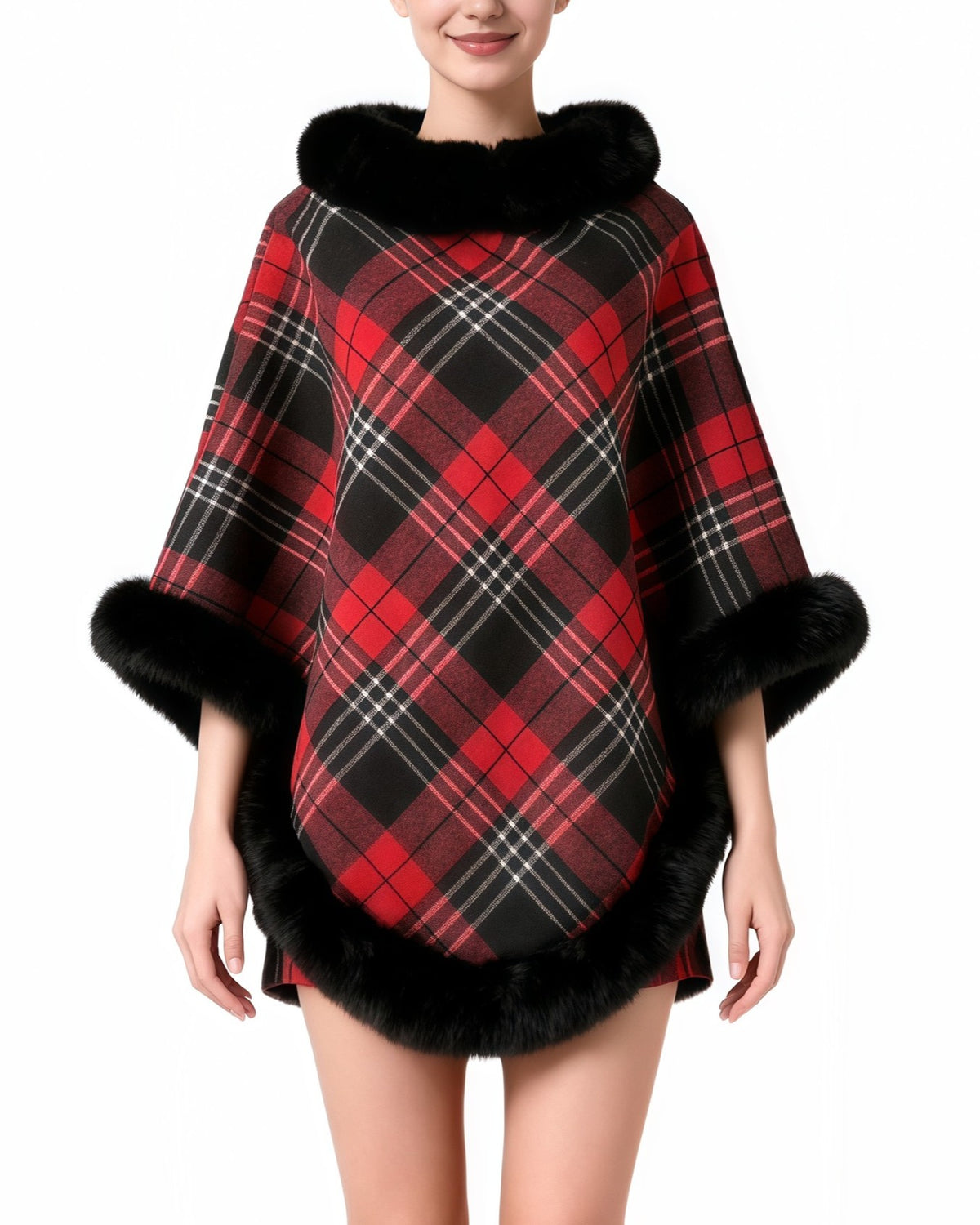 Plaid Poncho Cape With Fur Trim Collar - Black-Red