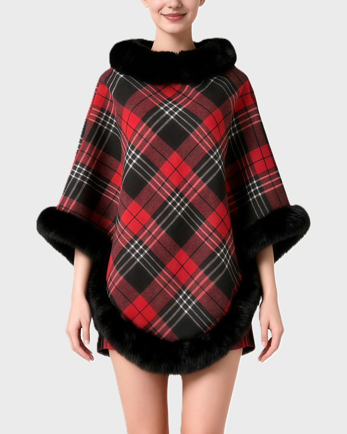 Plaid Poncho Cape With Fur Trim Collar - Black-Red - 1