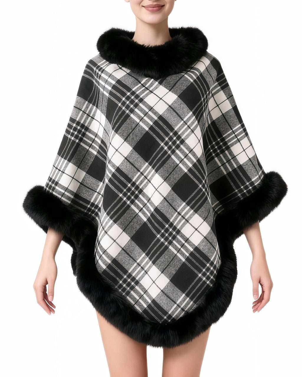 Plaid Poncho Cape With Fur Trim Collar - BlackWhite