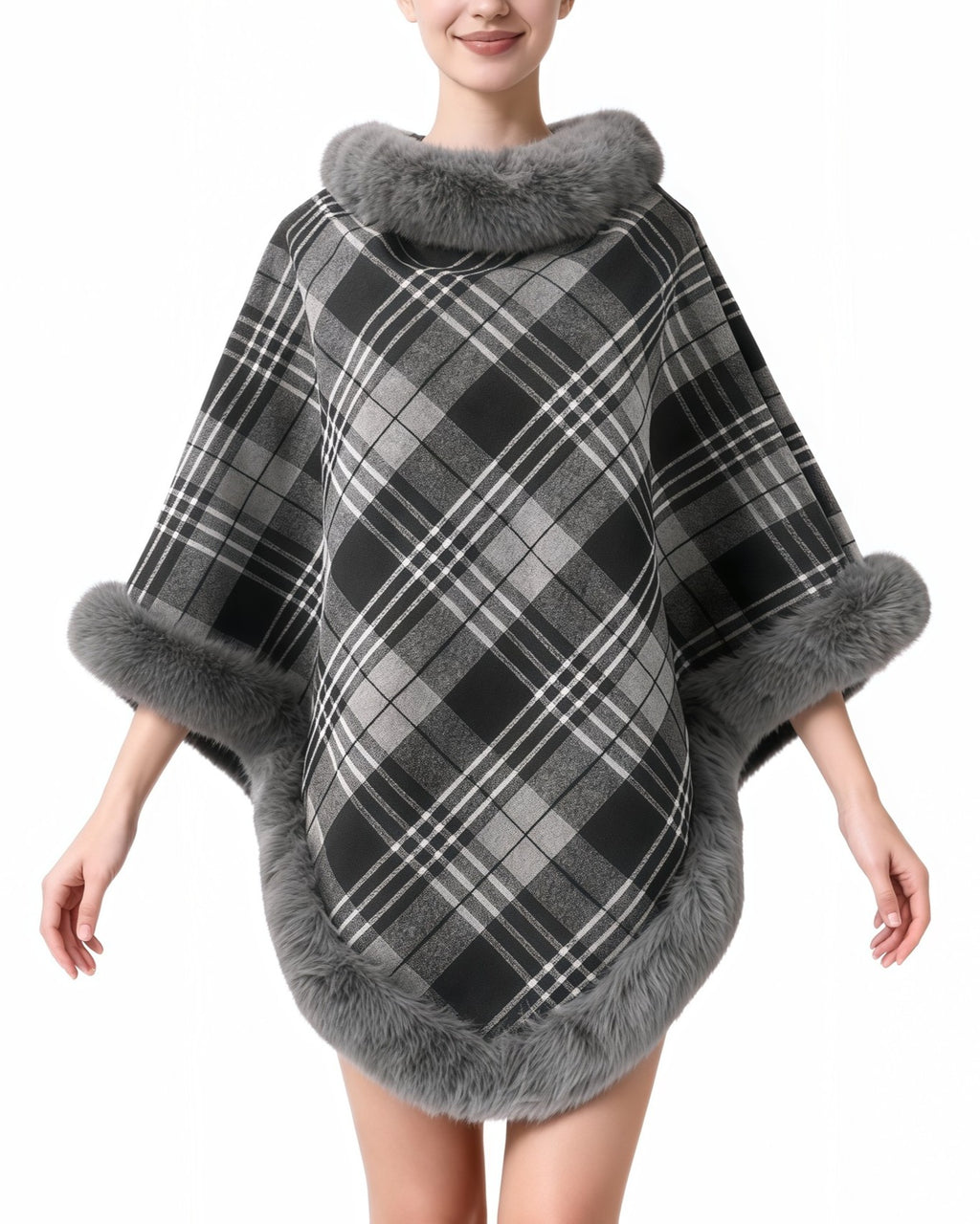 Plaid Poncho Cape With Fur Trim Collar - Dark-Gray