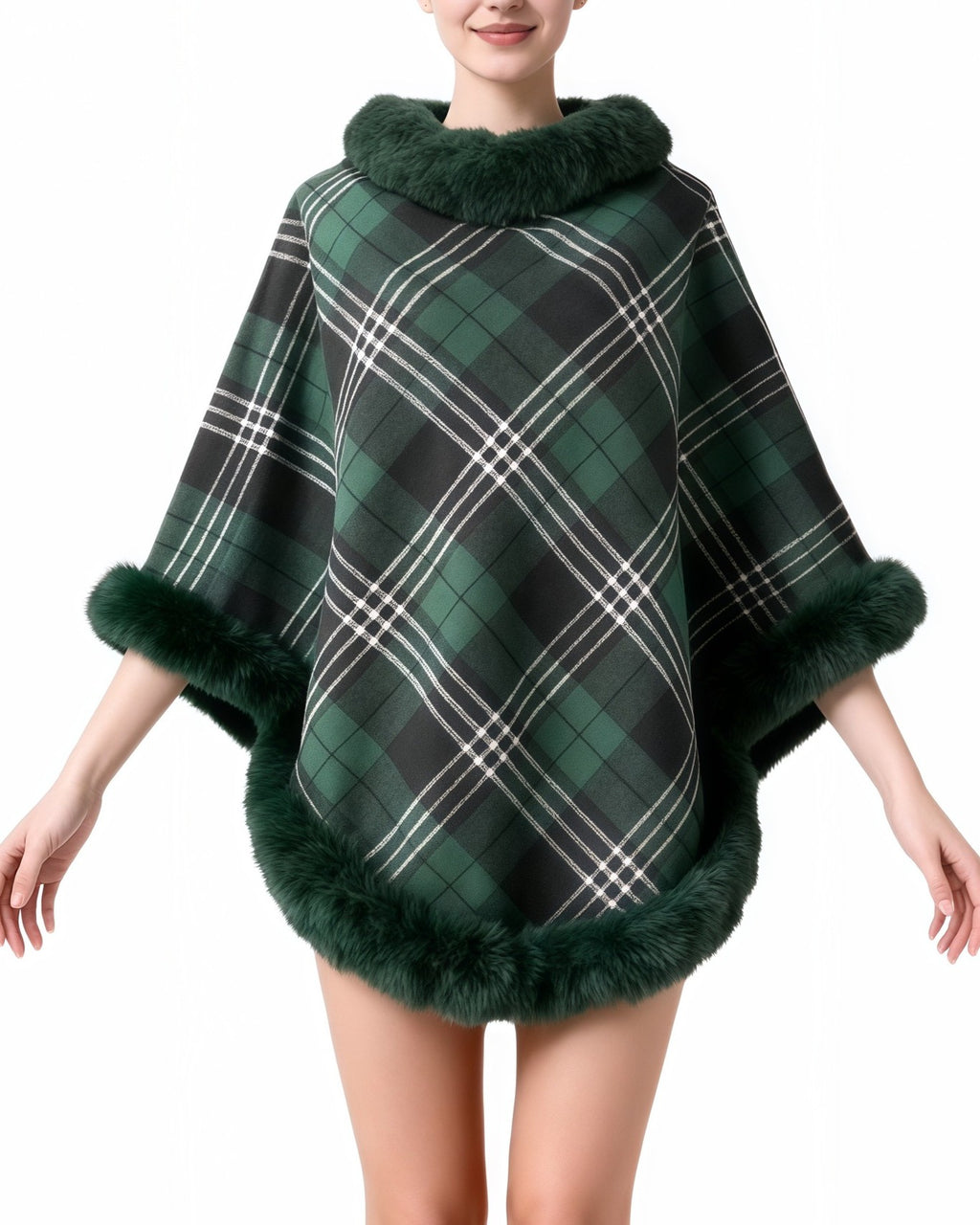 Plaid Poncho Cape With Fur Trim Collar - Dark-Green