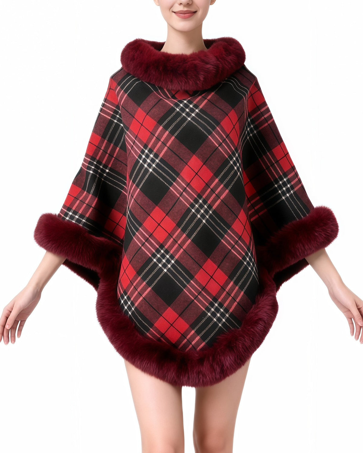 Plaid Poncho Cape With Fur Trim Collar - Jujube-Red