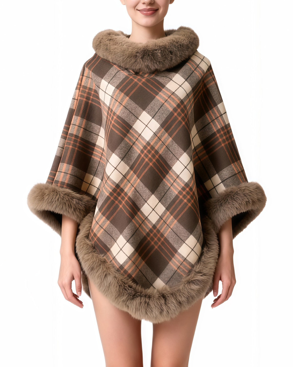 Plaid Poncho Cape With Fur Trim Collar - Khaki