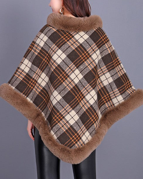 Plaid Poncho Cape With Fur Trim Collar - Khaki - 1