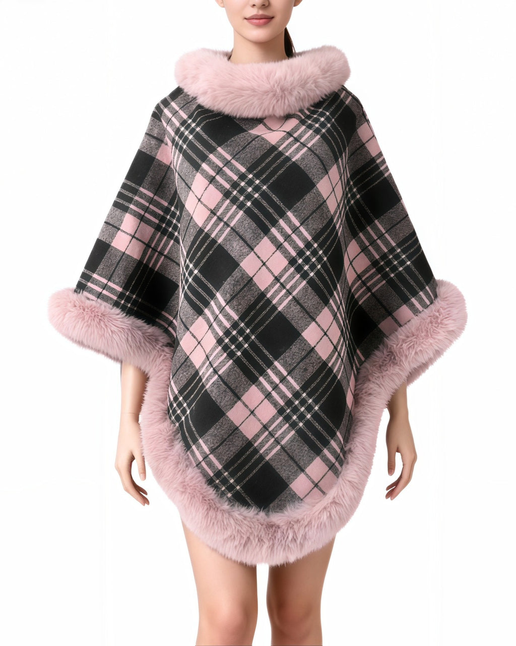 Plaid Poncho Cape With Fur Trim Collar - Pink