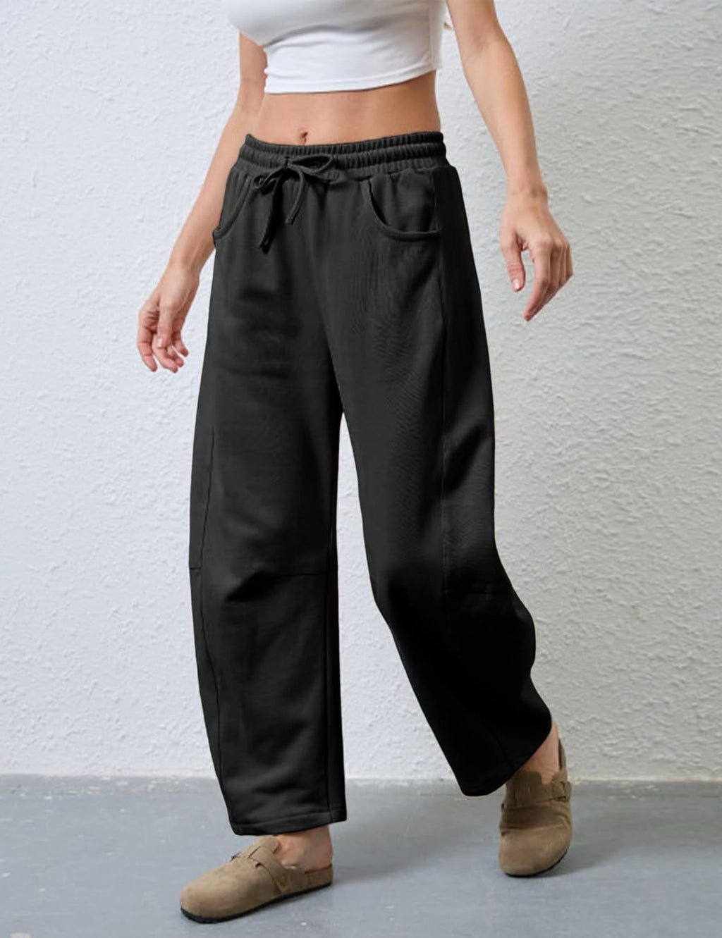 Drawstring Wide Leg Sweatpants With Pockets - Black