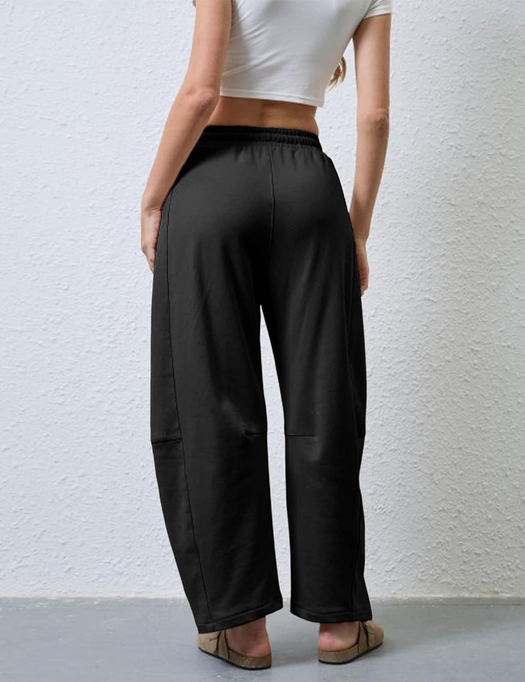 Drawstring Wide Leg Sweatpants With Pockets - Black - 1