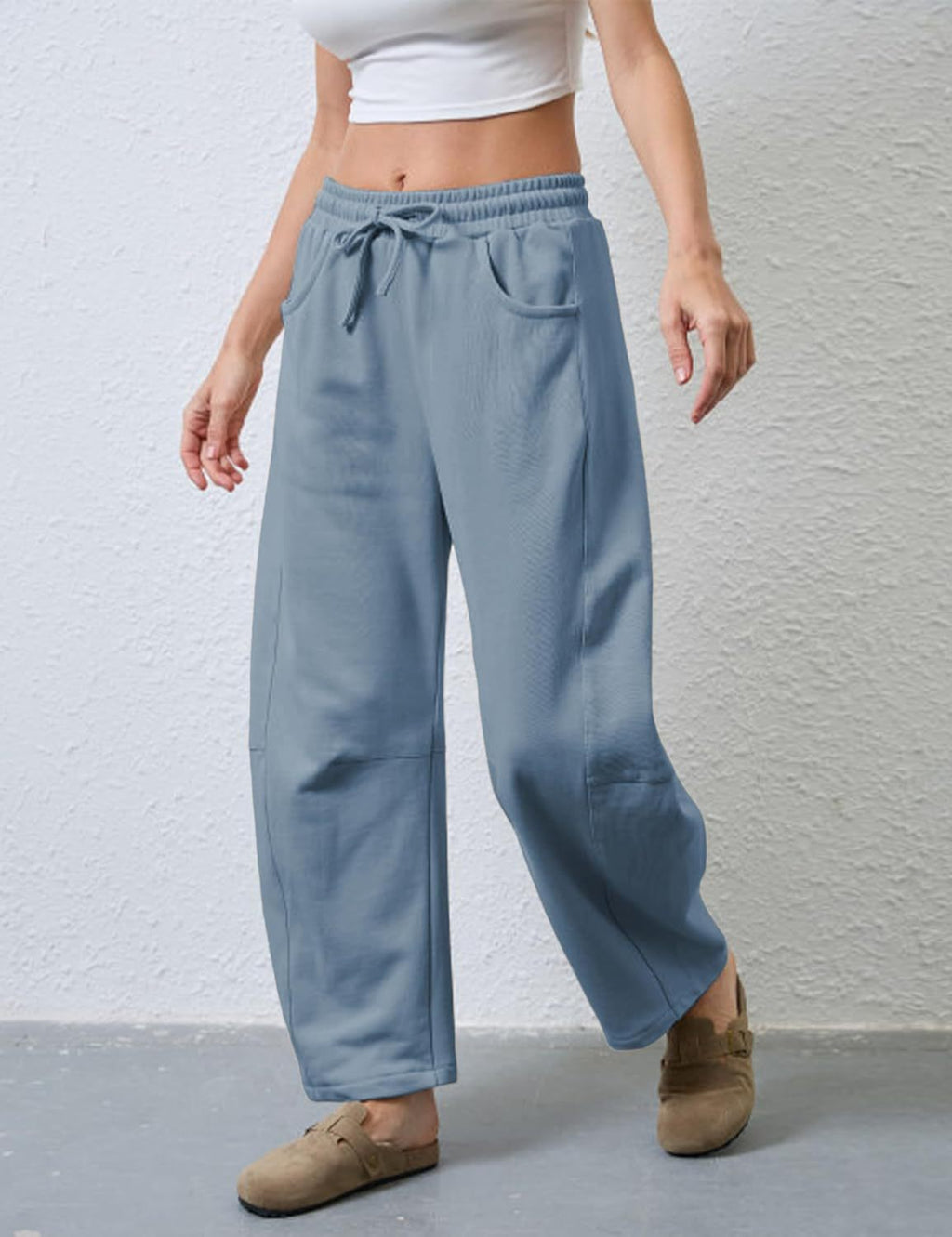 Drawstring Wide Leg Sweatpants With Pockets - Blue