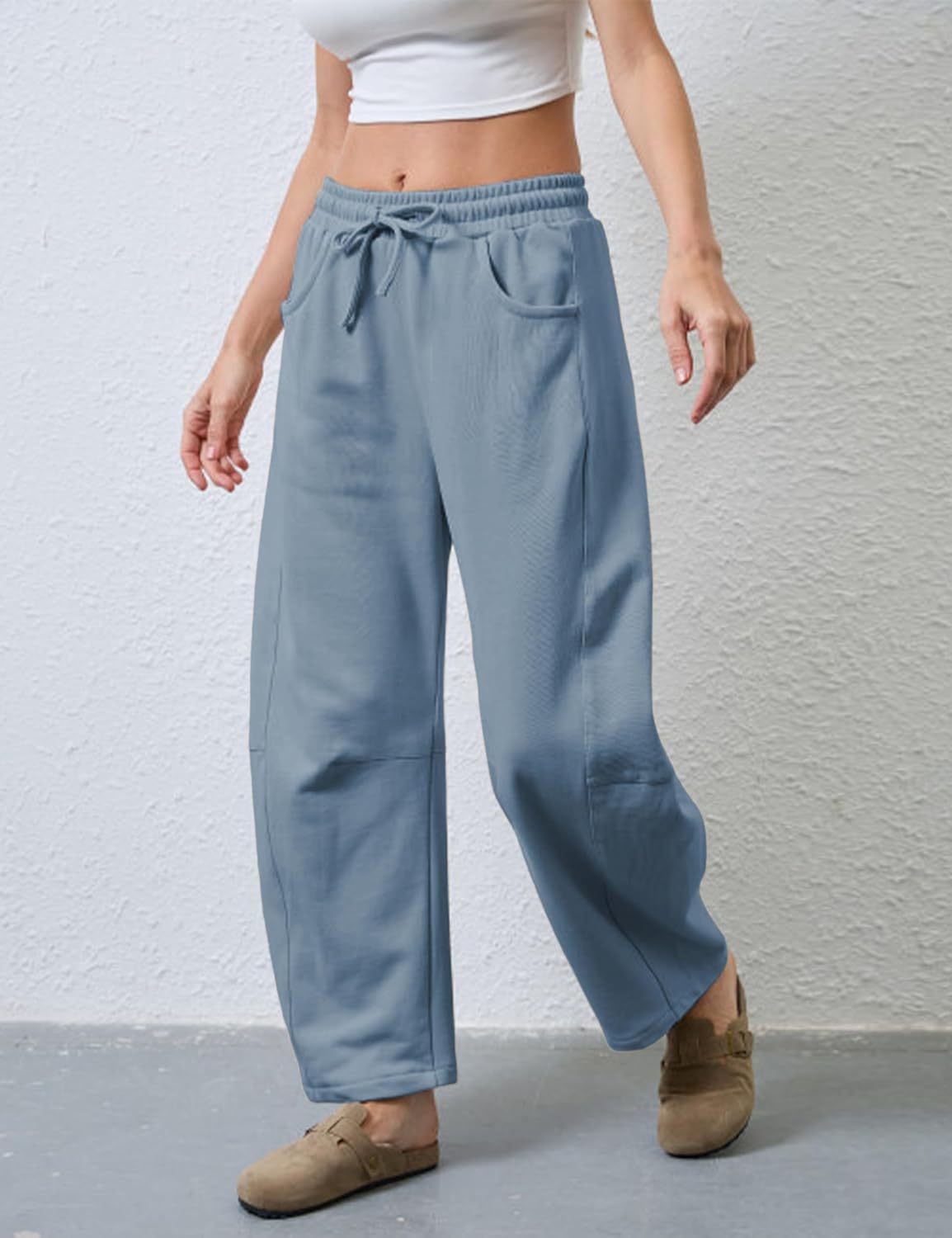 Drawstring Wide Leg Sweatpants With Pockets - Blue