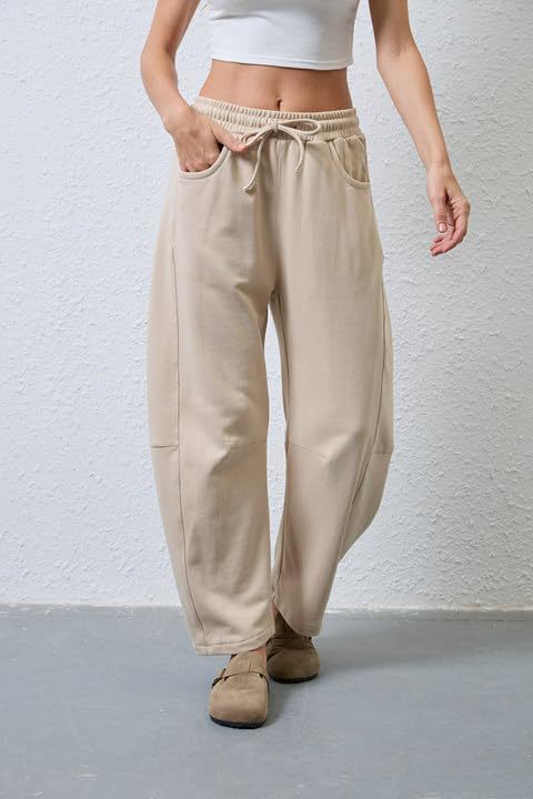Drawstring Wide Leg Sweatpants With Pockets - Khaki