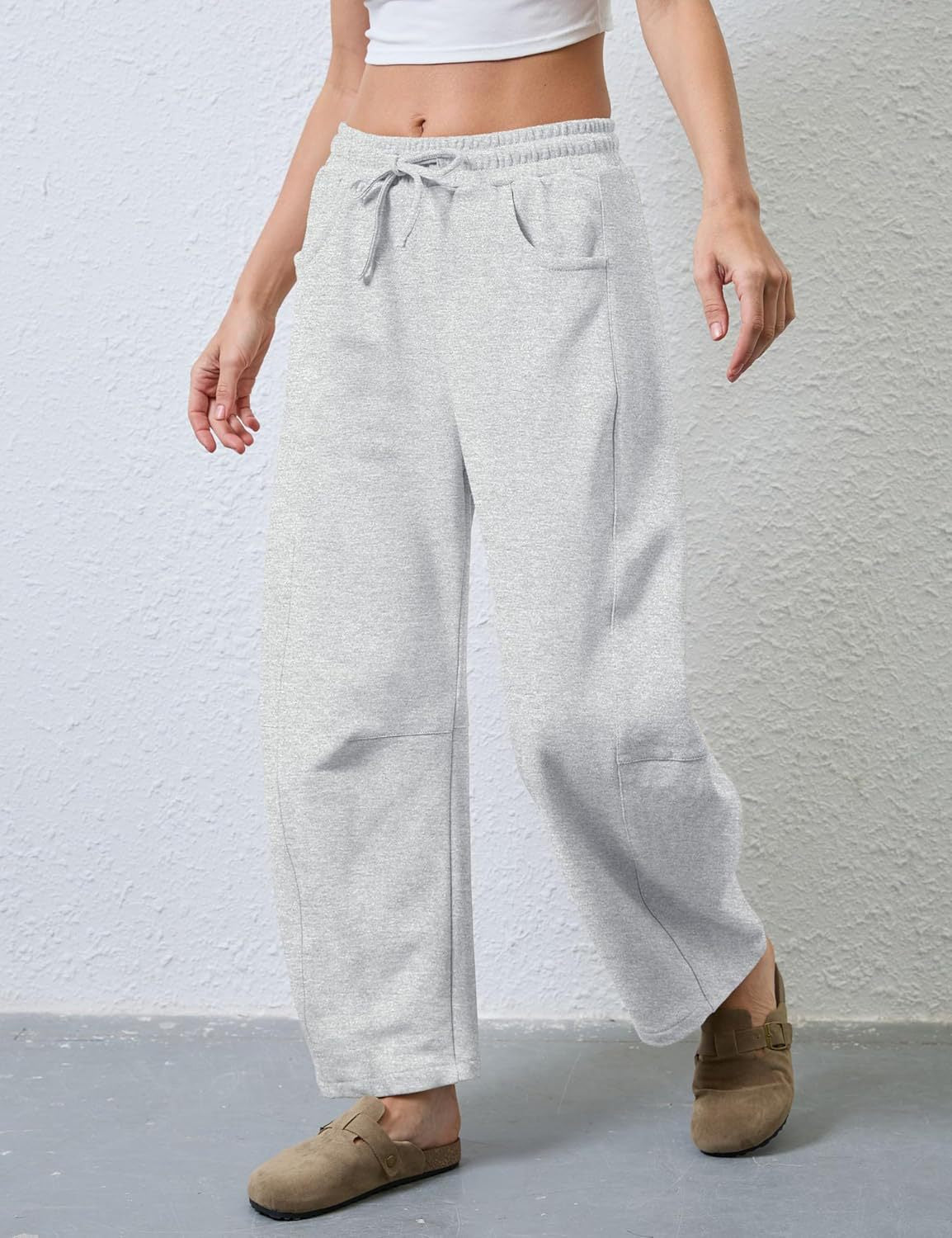 Drawstring Wide Leg Sweatpants With Pockets - Whitegrey