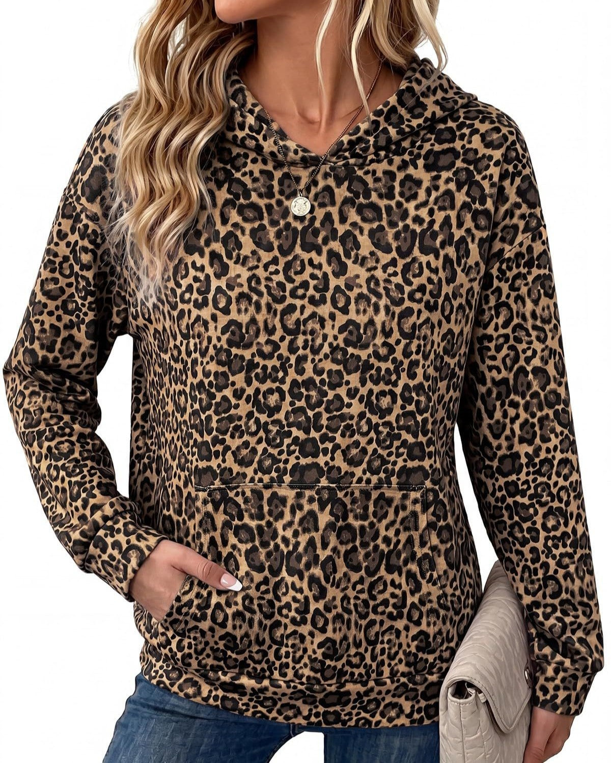 Leopard Print Hoodie With Button Placket - Brown
