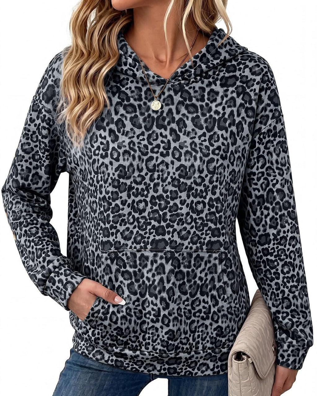 Leopard Print Hoodie With Button Placket - Grey
