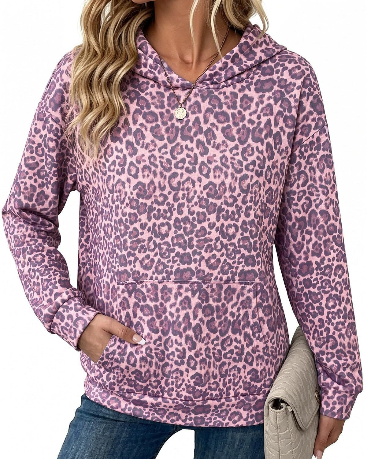 Leopard Print Hoodie With Button Placket - Pink