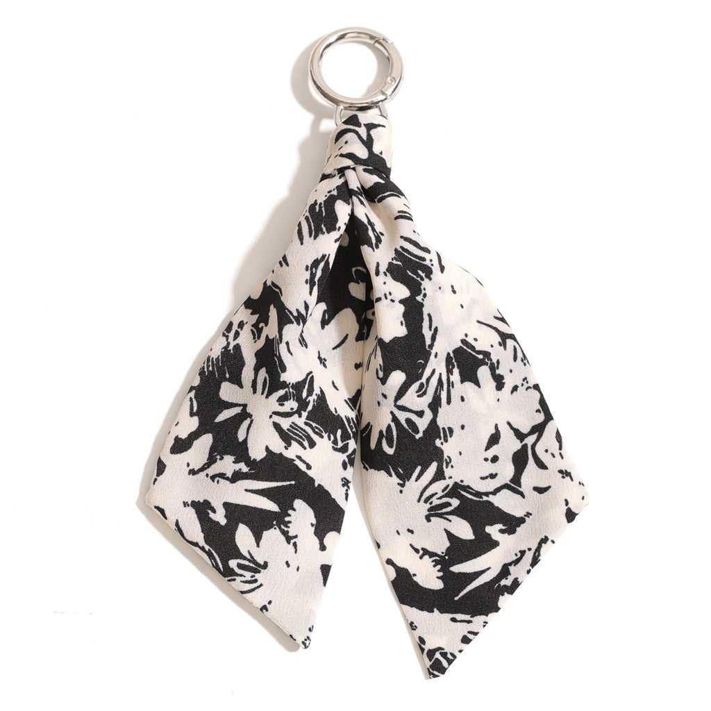 Silhouette Floral Ribbon Ring Keychain Charm - Black