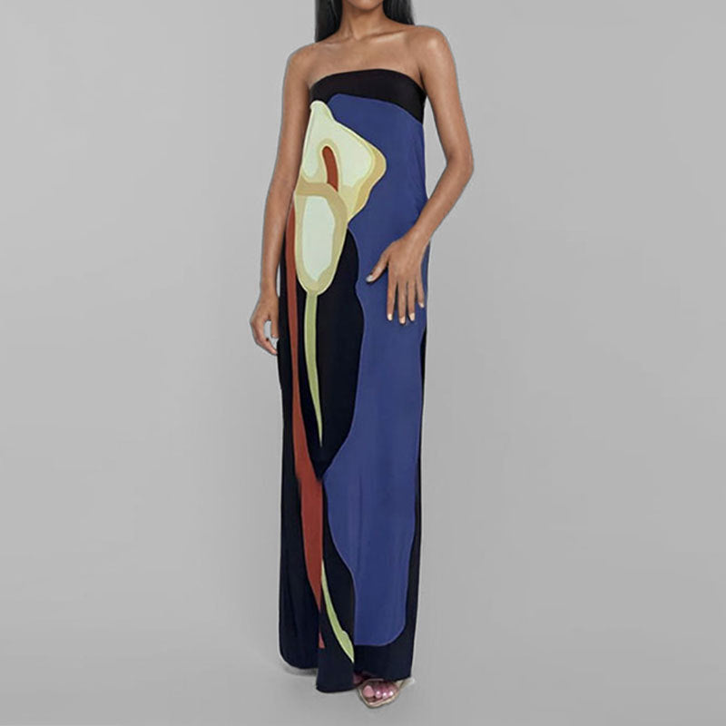 Floral Bandeau Column Maxi Dress - Blue
