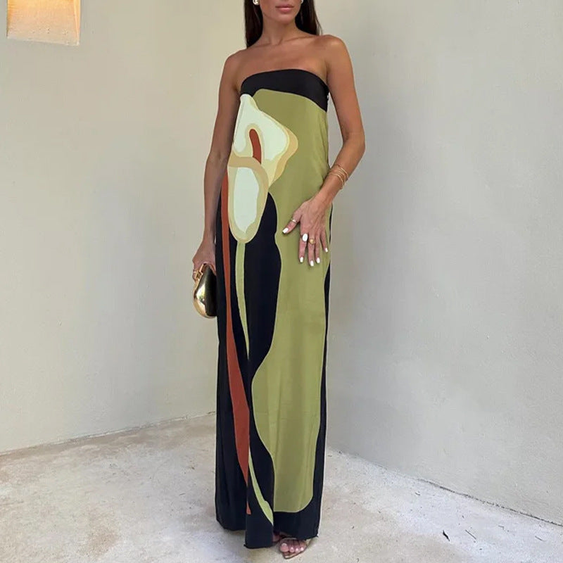 Floral Bandeau Column Maxi Dress - Green