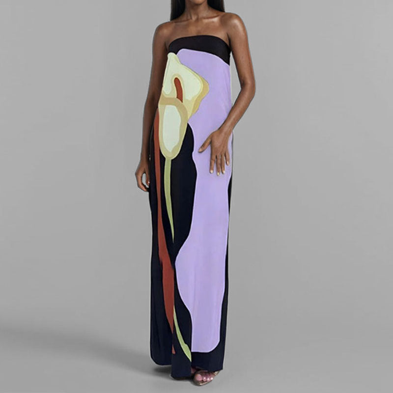 Floral Bandeau Column Maxi Dress - LightPurple