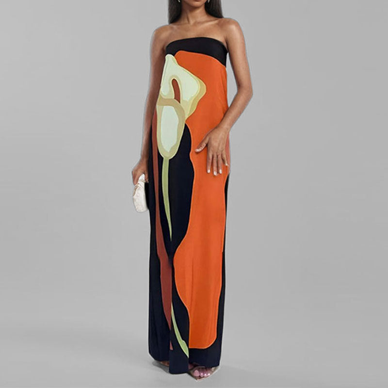Floral Bandeau Column Maxi Dress - Orange