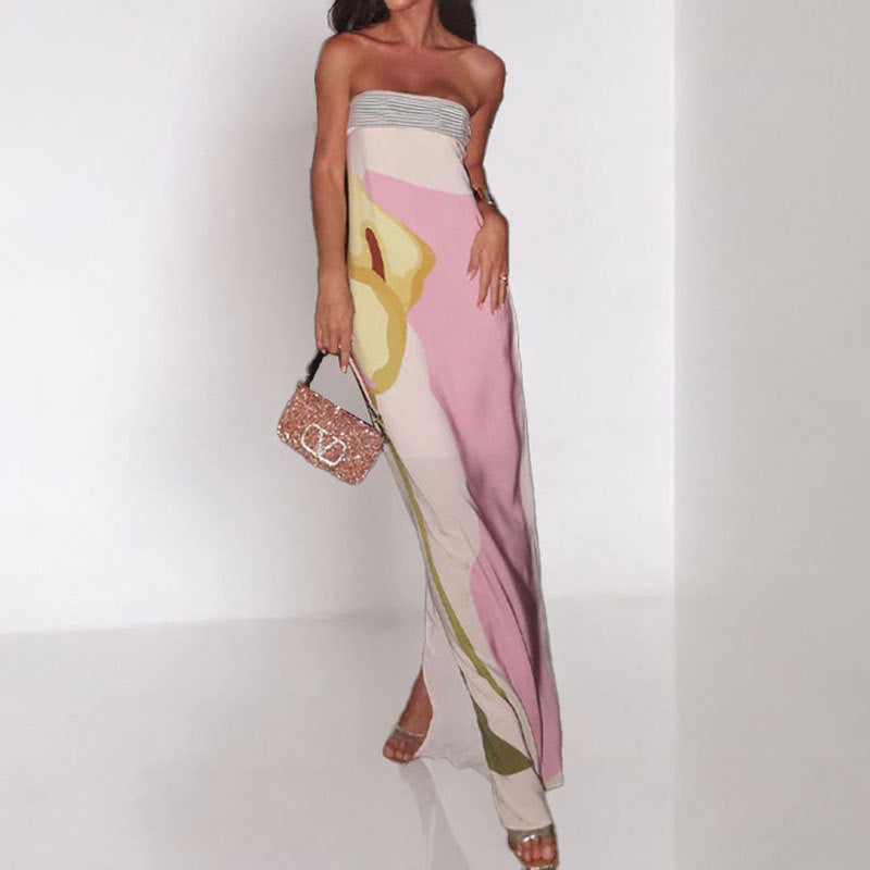 Floral Bandeau Column Maxi Dress - Pink