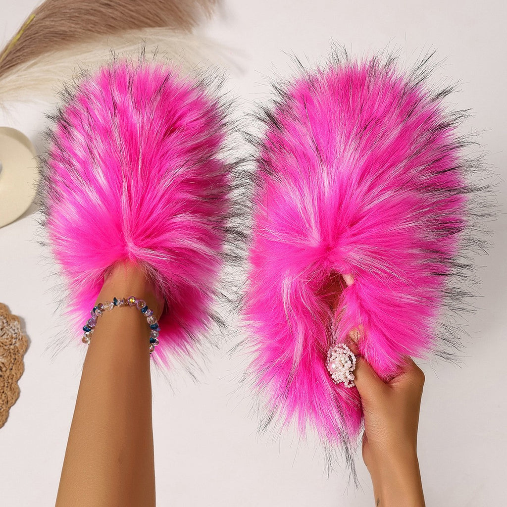 Fluffy Faux Fur Closed Toe Slide Slippers - Hot Pink