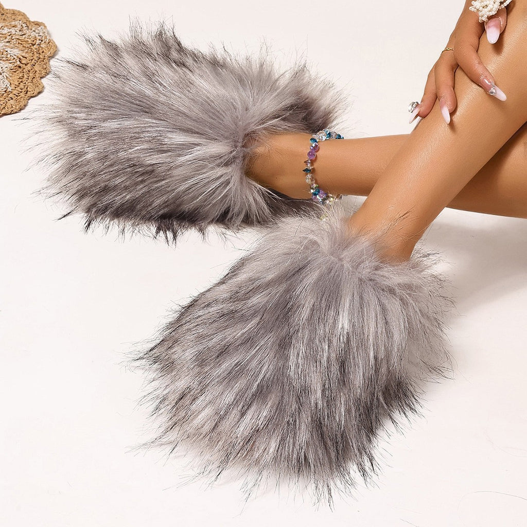 Fluffy Faux Fur Closed Toe Slide Slippers - Light Gray