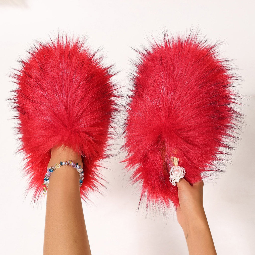 Fluffy Faux Fur Closed Toe Slide Slippers - Red