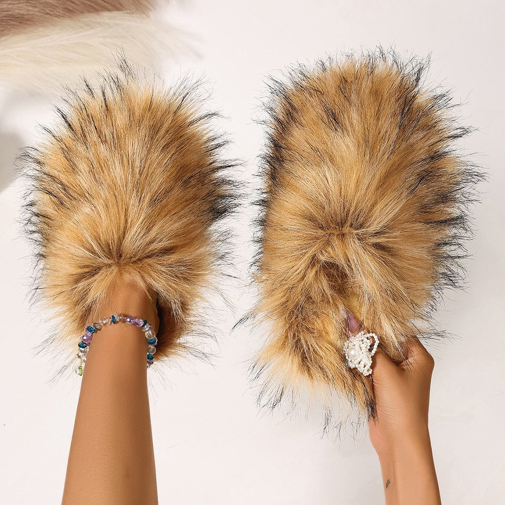 Fluffy Faux Fur Closed Toe Slide Slippers