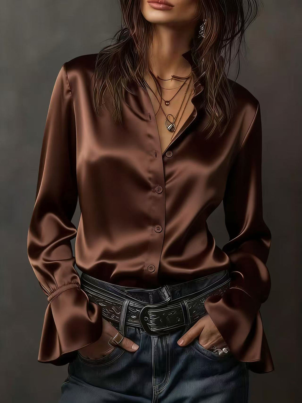 Ruffle Cuff Satin Button Down Shirt - Brown