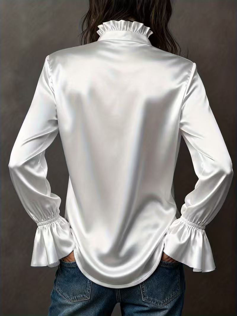 Ruffle Cuff Satin Button Down Shirt - White - 1