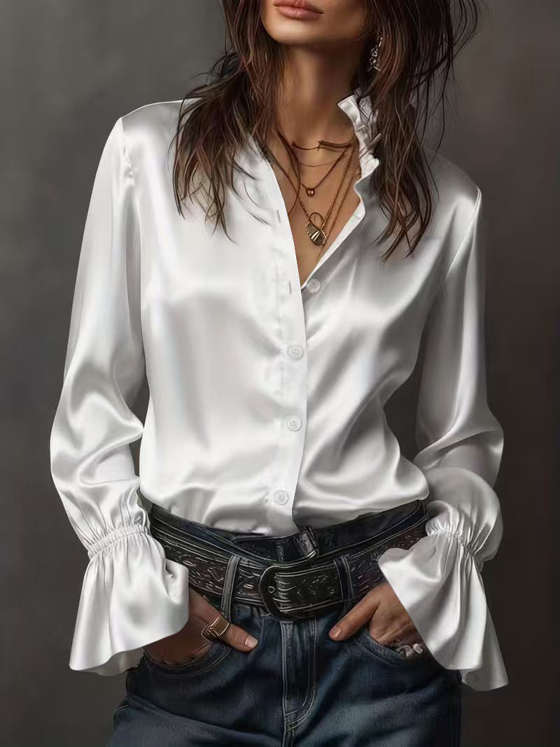 Ruffle Cuff Satin Button Down Shirt